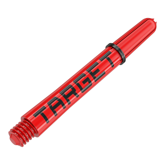 Target Pro Grip TAG Shafts - 3 Sets - Red Das Bild zeigt einen roten Dartschafte mit der Aufschrift "TARGET" in schwarzen Buchstaben. Der Schaft hat ein Schraubgewinde und einen schwarzen Gummiring.