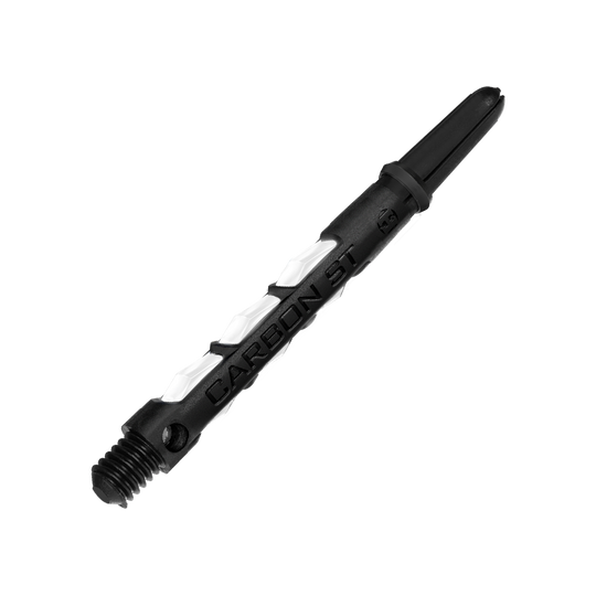 HR439_Harrows_Carbon_ST_Shafts_Weiss_47mm_2GA9n5Dn9FdsKb Auf dem Bild ist ein Harrows Carbon ST Shafts in Weiß zu sehen. Der Schaft ist schwarz mit weißen Akzenten und besteht aus robustem Material.