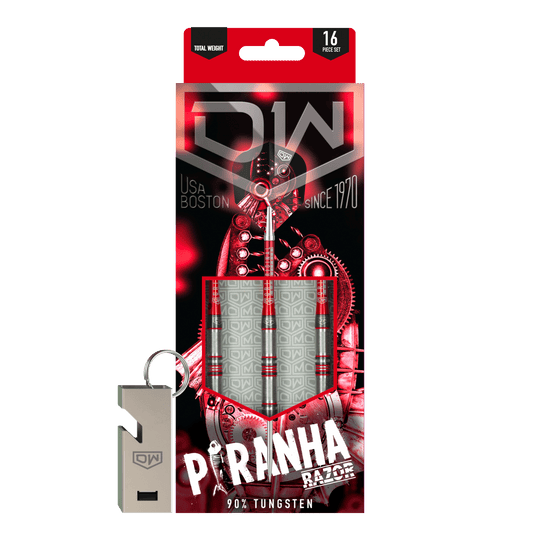 DW Piranha Razor 01 steel darts Das Bild zeigt die Verpackung der "DW Piranha Razor 01 Steeldarts". In der Packung sind drei Darts aus 90% Tungsten und ein silberner Schlüsselanhänger enthalten.