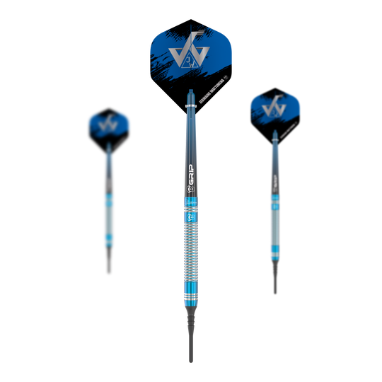 Bulls Jermaine Wattimena Generation 3 Soft Darts - 20g Das Bild zeigt die Bulls Jermaine Wattimena Generation 3 Softdarts mit einem Gewicht von 20g. Die Darts haben ein blau-silbernes Design mit schwarzen und blauen Flights.