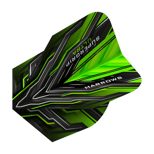 HR11_Harrows_Supergrip_Ultra_Green_Standard_Flights_2 Harrows Supergrip Ultra Green Standard Flights im modernen Stil. Die Flights liegen als Gruppe aus.