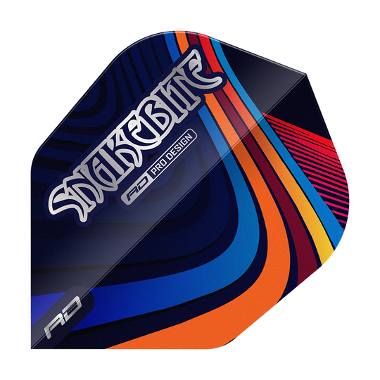 Red Dragon Peter Wright Snakebite Multi Swirl No6 Flights Das Bild zeigt ein Dart-Flight mit dem Aufdruck "Snakebite" und farbenfrohen, geschwungenen Linien. Das Design ist modern und hebt sich durch seine bunten Muster hervor.