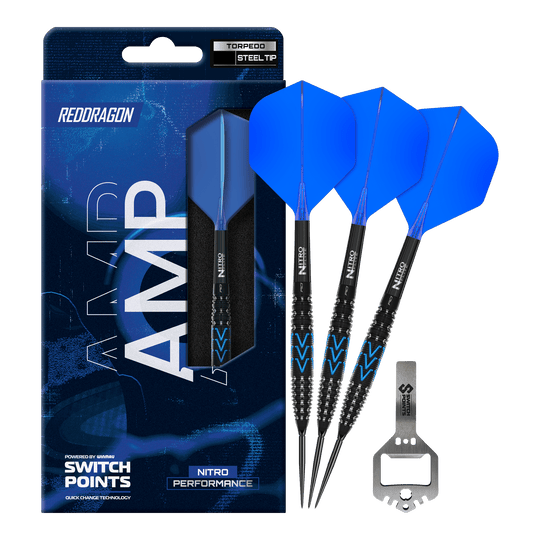 Auf dem Foto sind die Red Dragon AMP Torpedo Switch Point Steeldarts vollständig abgebildet. Diese Steeldarts sind ideal für Dartspieler und bieten hohe Qualität.