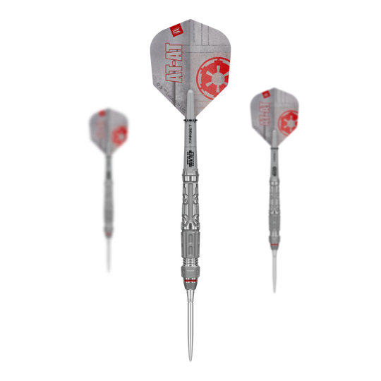 Target Star Wars AT-AT Swiss Point steel darts Auf dem Bild ist das Produkt Target Star Wars AT-AT Swiss Point Steeldarts im Set zu sehen. Es zeigt die Zusammenstellung der Dartpfeile in ihrer Verpackung.
