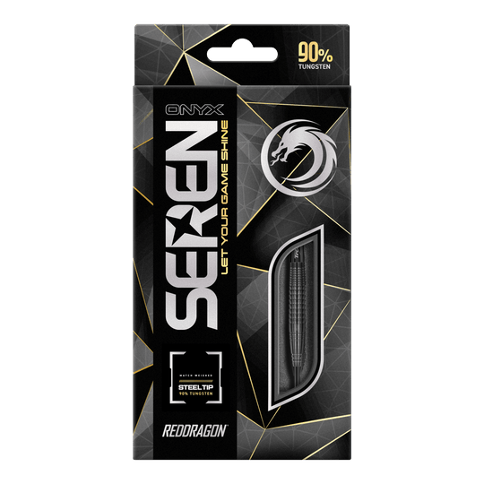 Red Dragon Seren 4 Onyx Steeldarts Das Bild zeigt die Verpackung der "Red Dragon Seren 4 Onyx Steeldarts". Auf der Verpackung steht, dass die Darts aus 90% Tungsten bestehen.