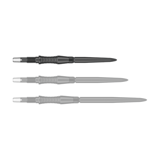 Das Bild zeigt eine Target Swiss Point Dartspitze Signature RST in Schwarz, 30mm. Die Dartspitze hat eine strukturierte Oberfläche und ein modernes Aussehen.