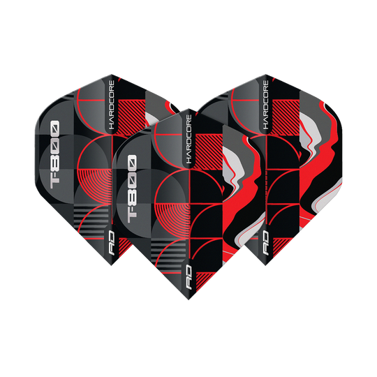 Das Bild zeigt die Red Dragon Hardcore T-800 No2 Standard Flights. Die Dart-Flights sind schwarz, rot, grau und weiß gemustert und tragen die Aufschrift "T800" und "HARDCORE".