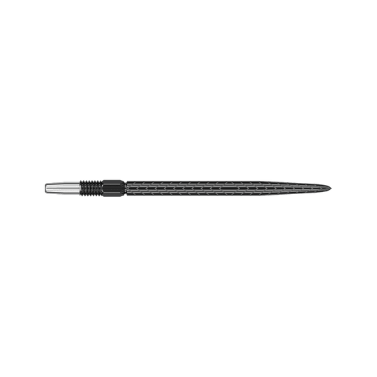 Target Swiss Point RVE dart tips - Black Das Bild zeigt eine schwarze Dartspitze mit einem geriffelten Muster. Die Spitze ist schlank und hat ein silbernes Gewinde am hinteren Ende.