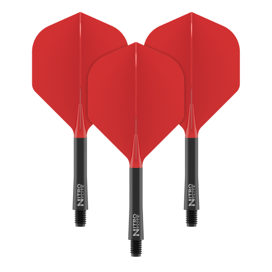 Zu sehen ist ein Bild mit dem Dateinamen X1065_Red_Dragon_Nitro_Flite_Schwarz_Rot_No2_Flights_Medium_34mm_2_(1). Das Bild stellt ein schwarzes und rotes Dart-Flight dar.