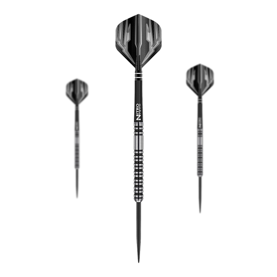 Red Dragon Dragonfly 3 steel darts Das Bild zeigt drei Steeldarts des Modells "Red Dragon Dragonfly 3". Die Darts haben ein schwarz-silbernes Design mit strukturiertem Griff.