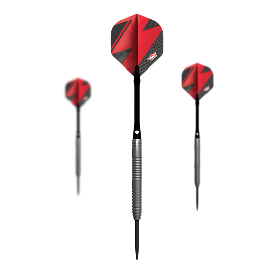 Bulls NL Lightning Red steel darts Das Bild zeigt drei Steeldarts mit silbernen Griffen und roten Flights. Es handelt sich um das Produkt "Bulls NL Lightning Red Steeldarts".