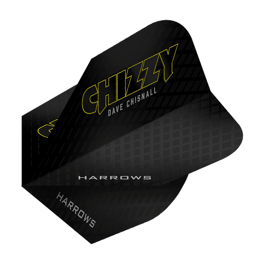 Harrow's Dave Chisnall Chizzy Series 3 Flights Das Bild zeigt das Produkt „Harrows Dave Chisnall Chizzy Series 3 Flights“. Die Flights sind schwarz mit gelber Schrift und tragen den Namen „Chizzy“ sowie „Dave Chisnall“.