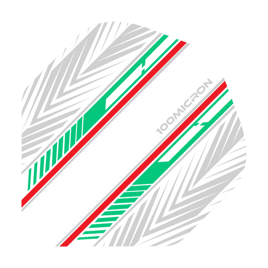 Pentathlon Flights white/green/red Das Bild zeigt einen Pentathlon White Green Red No2 Standard Flight für Darts. Das Design besteht aus weißen, grünen und roten Streifen sowie grauen Pfeilmustern auf weißem Hintergrund.