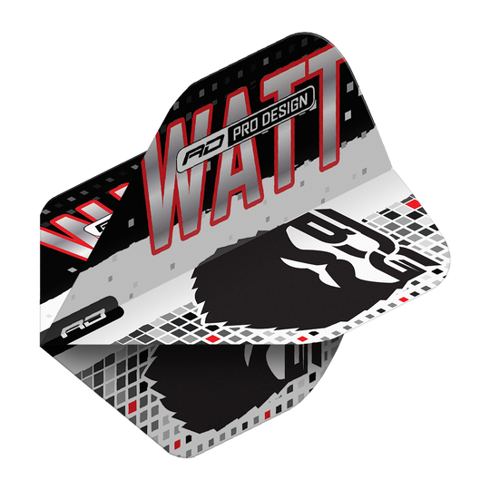 Das Bild zeigt die Red Dragon Hardcore Jason Watt BDG Premium No2 Standard Flights. Das Design ist in Schwarz, Weiß und Rot gehalten und trägt den Schriftzug "WATT" sowie eine stilisierte Grafik.