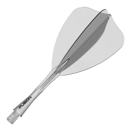 Das Bild zeigt ein Dartzubehör, wahrscheinlich einen transparenten Shaft oder Flight. Der Dateiname weist auf 'Winmau Fusion Flight Shaft System Arrow Clear 28mm 1' hin.