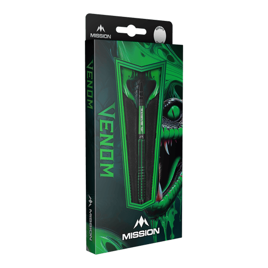 Die Abbildung zeigt die Verpackung der "Mission Venom Softdarts - 20g". Das Design ist in Grün gehalten und zeigt einen Schlangenkopf sowie den Schriftzug "Venom".