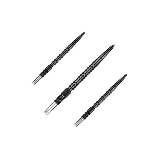 Target Swiss Point Chrono Dart Tips - Black Das Bild zeigt drei schwarze Dartspitzen mit einem geriffelten Design. Sie sind länglich und haben ein silbernes Schraubgewinde am unteren Ende.