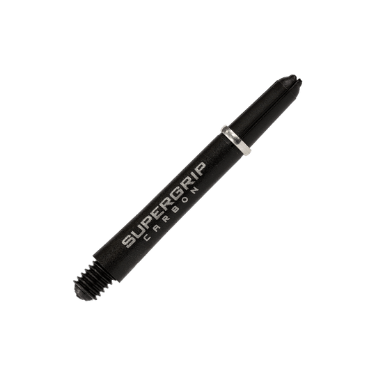 HR355_Harrows_Supergrip_Carbon_Shafts_Silber_40mm_2 Das Bild zeigt einen Harrows Supergrip Carbon Shaft in Silber. Der Schaft ist schwarz mit silbernem Ring und weißer Aufschrift.