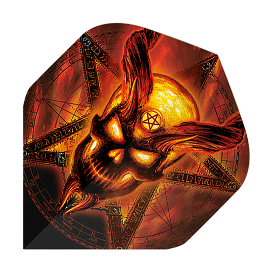 Das Bild zeigt einen Dartflight mit einem brennenden, dämonischen Schädel und einem Pentagramm im Hintergrund. Die Farben sind hauptsächlich in Rot-, Orange- und Gelbtönen gehalten, was das feurige Design betont.