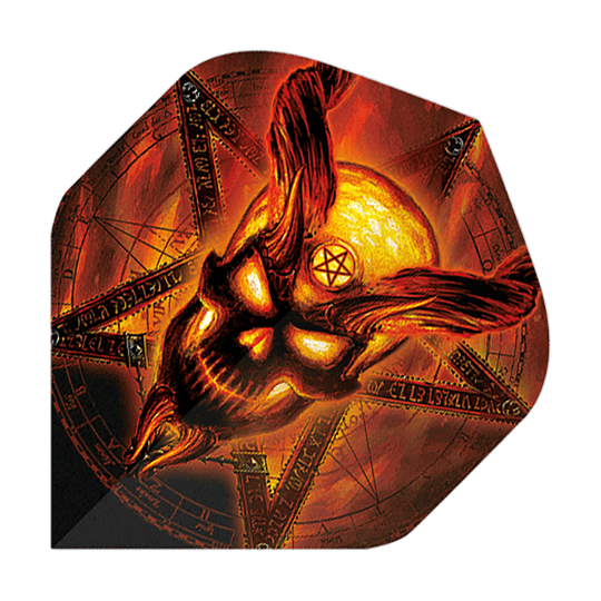 Alchemy Burning Temple No2 Standard Flights Das Bild zeigt einen Dartflight mit einem brennenden, dämonischen Schädel und einem Pentagramm im Hintergrund. Die Farben sind hauptsächlich in Rot-, Orange- und Gelbtönen gehalten, was das feurige Design betont.