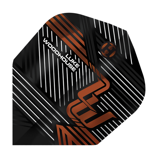 Harrow's Luke Woodhouse Series 2 Flights Das Bild zeigt das Produkt "Harrows Luke Woodhouse Series 2 Flights". Auf dem Flight sind schwarze, weiße und kupferfarbene Linien mit dem Namen "Luke Woodhouse" abgebildet.