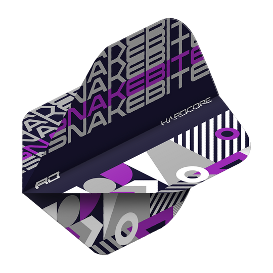 TF6656_Red_Dragon_Hardcore_Snakebite_BlackPurple_Standard_Flights_2cXxLHmvDRi191 Das Bild zeigt ein Dart-Flight mit dem Namen "Red Dragon Hardcore Snakebite Black Purple Standard Flights". Das Design ist schwarz-lila mit geometrischen Mustern und dem Schriftzug "SNAKEBITE".