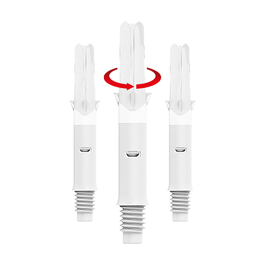 L-L-Style-Shafts Silent Straight - White Das Bild zeigt drei weiße Dartschäfte in einer Reihe. Über dem mittleren Schaft ist ein roter Pfeil, der eine Drehbewegung anzeigt.