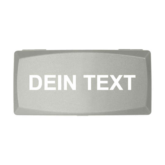 ABS box with custom print Auf dem Bild ist eine graue Box zu sehen. Auf der Box steht in weißen Buchstaben "DEIN TEXT".