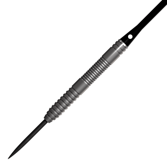 Bulls NL Lightning Red steel darts Das Bild zeigt einen Bulls NL Lightning Red Steeldart. Der Dartpfeil hat eine silberne, geriffelte Metalloberfläche und eine scharfe Spitze.