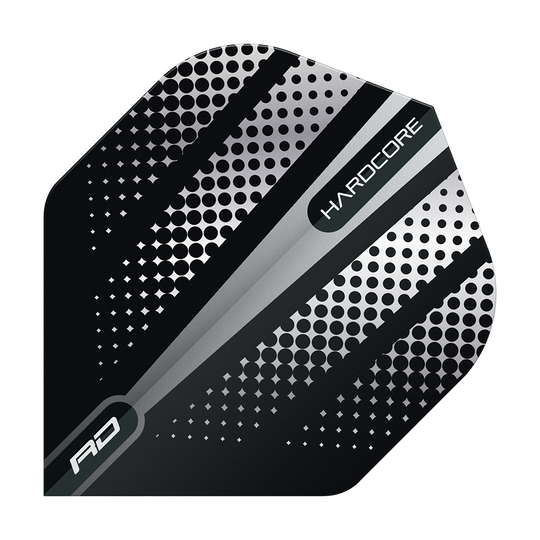Das Bild zeigt ein Dartflight mit dem Namen "Red Dragon Hardcore Radical Black Flash Standard Flights". Das Design ist schwarz mit silbernen Punkten und Streifen sowie der Aufschrift "HARDCORE".