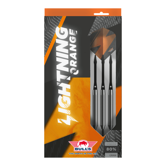 Bulls NL Lightning Orange Steel Darts Das Bild zeigt die Verpackung der "Bulls NL Lightning Orange Steeldarts". In der Packung befinden sich drei Steeldarts mit orange-schwarzem Design.