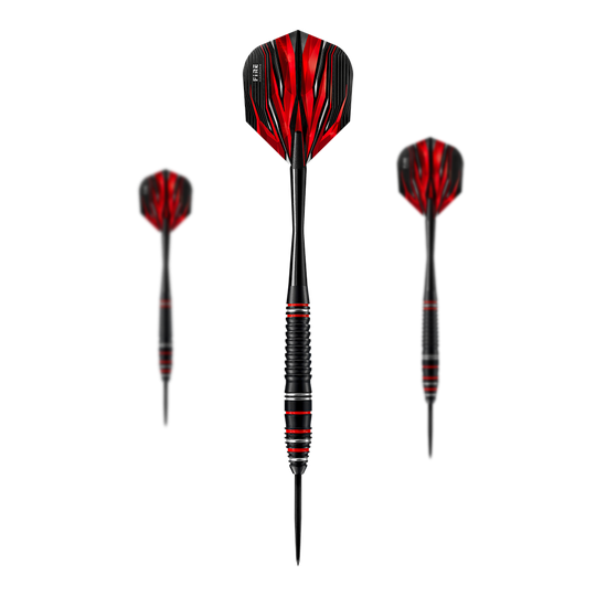 Auf dem Bild sind die Harrows Fire High Grade Alloy Steeldarts zu sehen. Die Darts haben ein schwarzes Design mit roten Flammen auf den Flights.