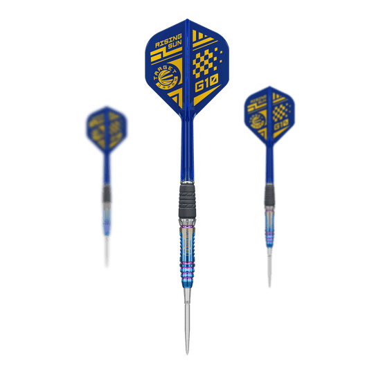 Abgebildet sind die Target Japan Rising Sun GEN10 Swiss Point Steeldarts als komplettes Set. Die Darts werden mit Schaft und Flights präsentiert.
