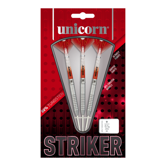 Das Bild zeigt die Verpackung der "Unicorn Core XL Striker Style 5 Steeldarts". In der Packung befinden sich drei Steeldarts mit silbernen Schäften und roten Flights.