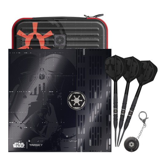 Das Bild zeigt die Target Star Wars Darth Vader 95 Swiss Point Steeldarts. Diese Steeldarts sind im Darth Vader Design gehalten.