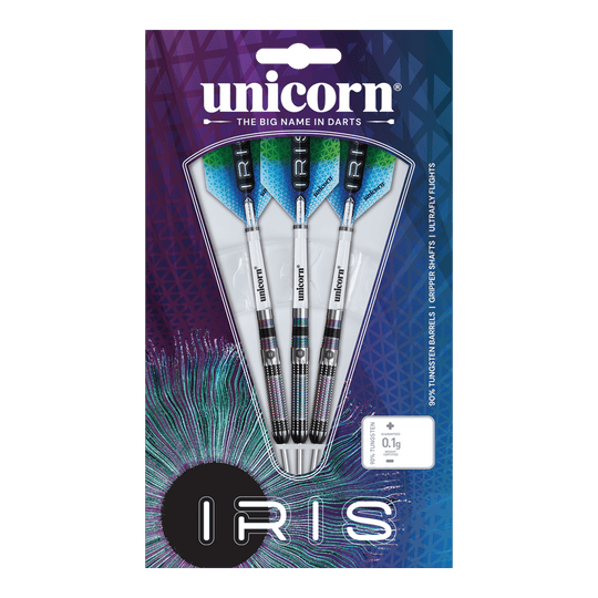 Unicorn Iris Steeldarts Das Bild zeigt eine Verpackung mit drei Steeldarts der Marke "Unicorn Iris". Die Darts haben silberne Schäfte und blaue Flights, und die Verpackung ist bunt gestaltet.