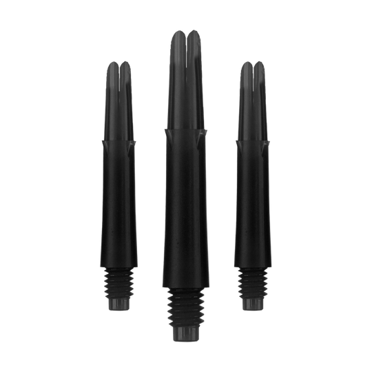 Auf dem Bild sind drei schwarze Dartschäfte in unterschiedlichen Längen zu sehen. Sie sind gerade geformt und haben ein Gewinde am unteren Ende.