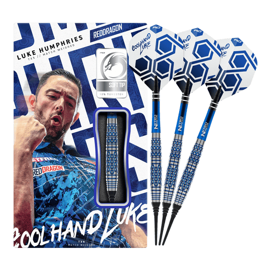 Das Foto zeigt die Red Dragon Luke Humphries TX5 Softdarts - 20g in voller Länge. Sie sind für das Softdartspiel ausgelegt und wiegen 20 Gramm.