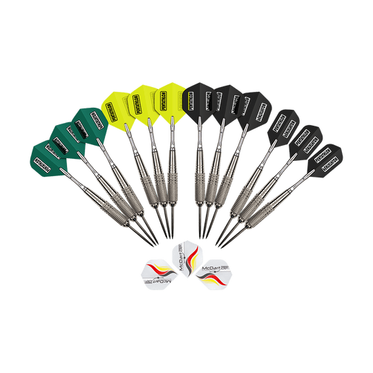 MCST-5_McDart_12er_Steeldarts_1 McDart 12er Steeldarts. Auf dem Bild sind zwölf Steeldarts als Set dargestellt.