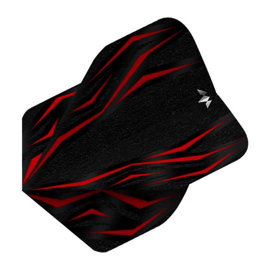 Das Bild zeigt einen Mission Lava Red No2 Standard Flight für Darts. Das Design ist überwiegend schwarz mit auffälligen roten Linien und einem kleinen weißen Logo.