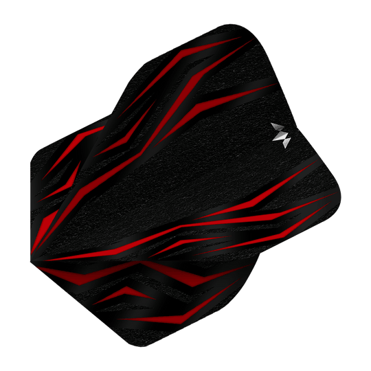 Mission Lava Red No2 Standard Flights Das Bild zeigt einen Mission Lava Red No2 Standard Flight für Darts. Das Design ist überwiegend schwarz mit auffälligen roten Linien und einem kleinen weißen Logo.
