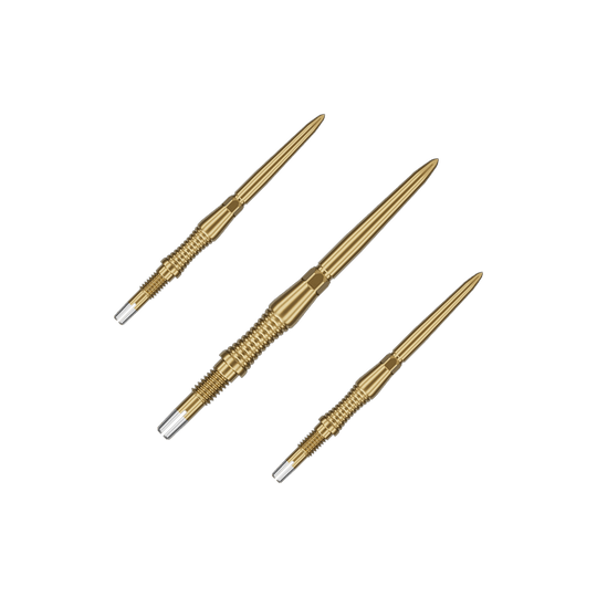 Das Bild zeigt ein Set von goldenen Target Swiss Point Dartspitzen Signature RST mit 30mm Länge. Die Spitzen sind ordentlich nebeneinander angeordnet.