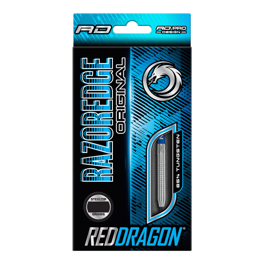 Die Verpackung zeigt die "Red Dragon Razor Edge Original Steeldarts" mit einem Gewicht von 24 Gramm. Das Design ist blau-schwarz und hebt hervor, dass die Darts aus 95 % Tungsten bestehen.