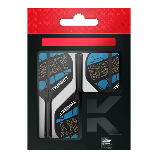 Target K-Flex Josh Rock No2 Standard Flight Shaft System Das Bild zeigt das Produkt "Target K-Flex Josh Rock No2 Standard Flight-Shaft-System" in seiner Verpackung. Die Flights sind schwarz, blau und weiß gestaltet und tragen den Schriftzug "ROCKY" sowie "TARGET".