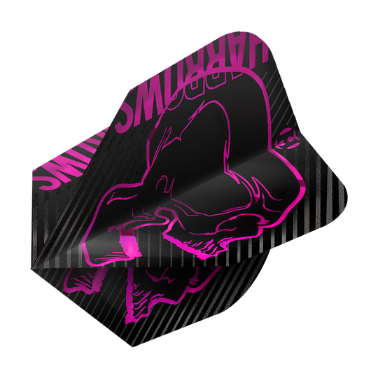 Harrows Rage Pink No6 Flights Dies ist ein Dartflight des Modells „Harrows Rage Pink No6“. Das Design ist schwarz mit einem auffälligen pinken Totenkopf und den Worten „Harrows“ in Pink.