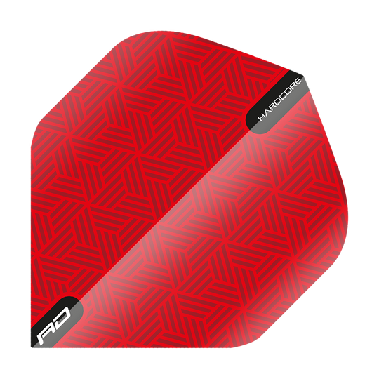 Das Bild zeigt ein rotes Dartflight mit einem geometrischen Muster. In der Ecke steht "HARDCORE" und unten ist das "RD" Logo zu sehen.