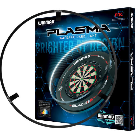 BUNDLE Winmau Plasma LED lighting and surround Das Bild zeigt das Produkt "Winmau Plasma LED Beleuchtung und Surround Bundle" in seiner Verpackung. Es enthält eine LED-Beleuchtung für ein Dartboard sowie einen Schutzring.