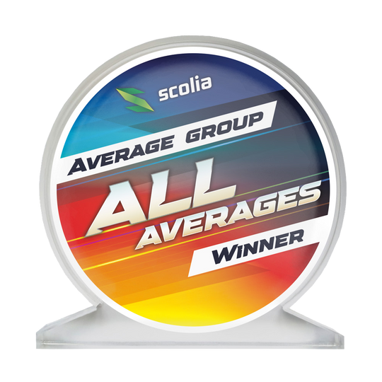 Scolia Acrylic Glass Trophy - Winner Das Bild zeigt einen Acrylglas-Pokal für alle Durchschnitte, genannt AllAverages. Er kann für verschiedene Kategorien im Dartsport vergeben werden.