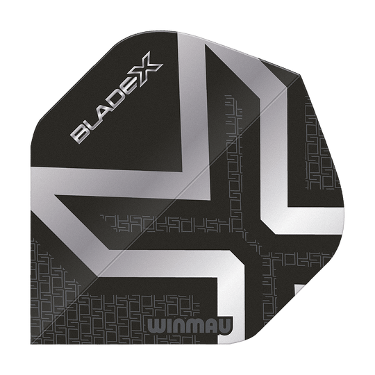 Dies ist ein Winmau Prism Delta Blade X Metallic Silver No2 Standard Flight. Das Bild zeigt das Produkt in silberner Farbe.
