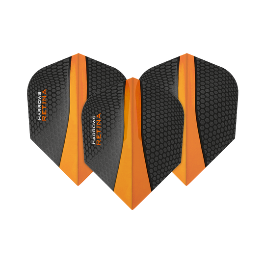 HR66_Harrows_Retina_Orange_No2_Standard_Flights_1BRntA8QXQ33xV Das Bild zeigt drei Harrows Retina Orange No6 Flights für Dartpfeile. Sie sind in Schwarz und Orange gestaltet, mit einer wabenartigen Textur auf der Oberfläche.